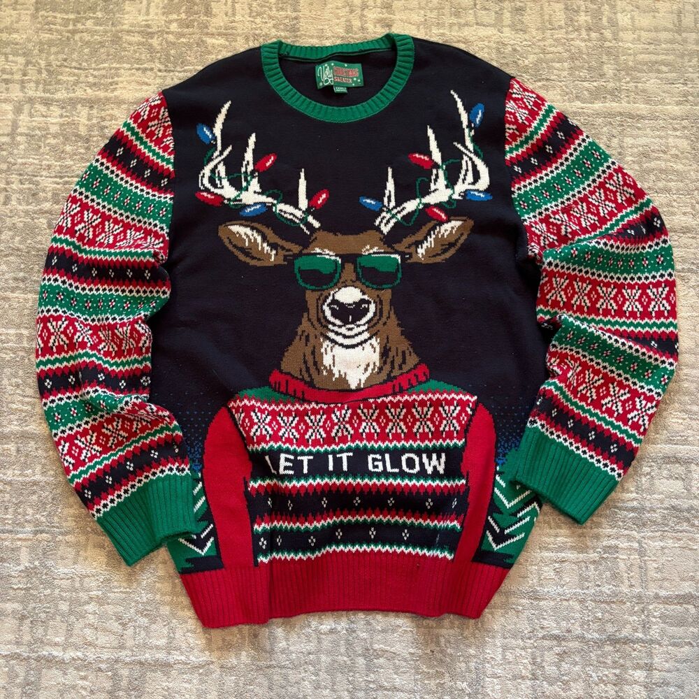 Ugly Christmas Sweater Mens 2XL Let It Glow Reindeer Sunglasses Knit Holiday